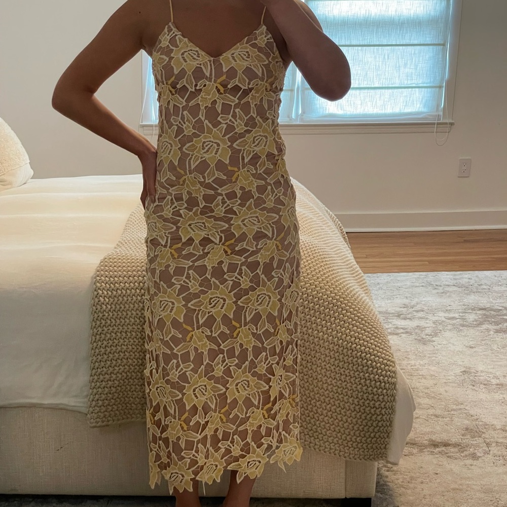 NBD side slit yellow lace midi dress